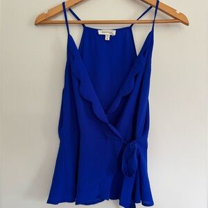 Monteau Blue Scallop Wrap Sleeveless Top Blouse